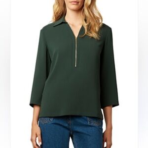 NWT Gerard Darel "Catherine" Dark Green 1/4 Zip 3/4 Sleeve Tunic Blouse Top